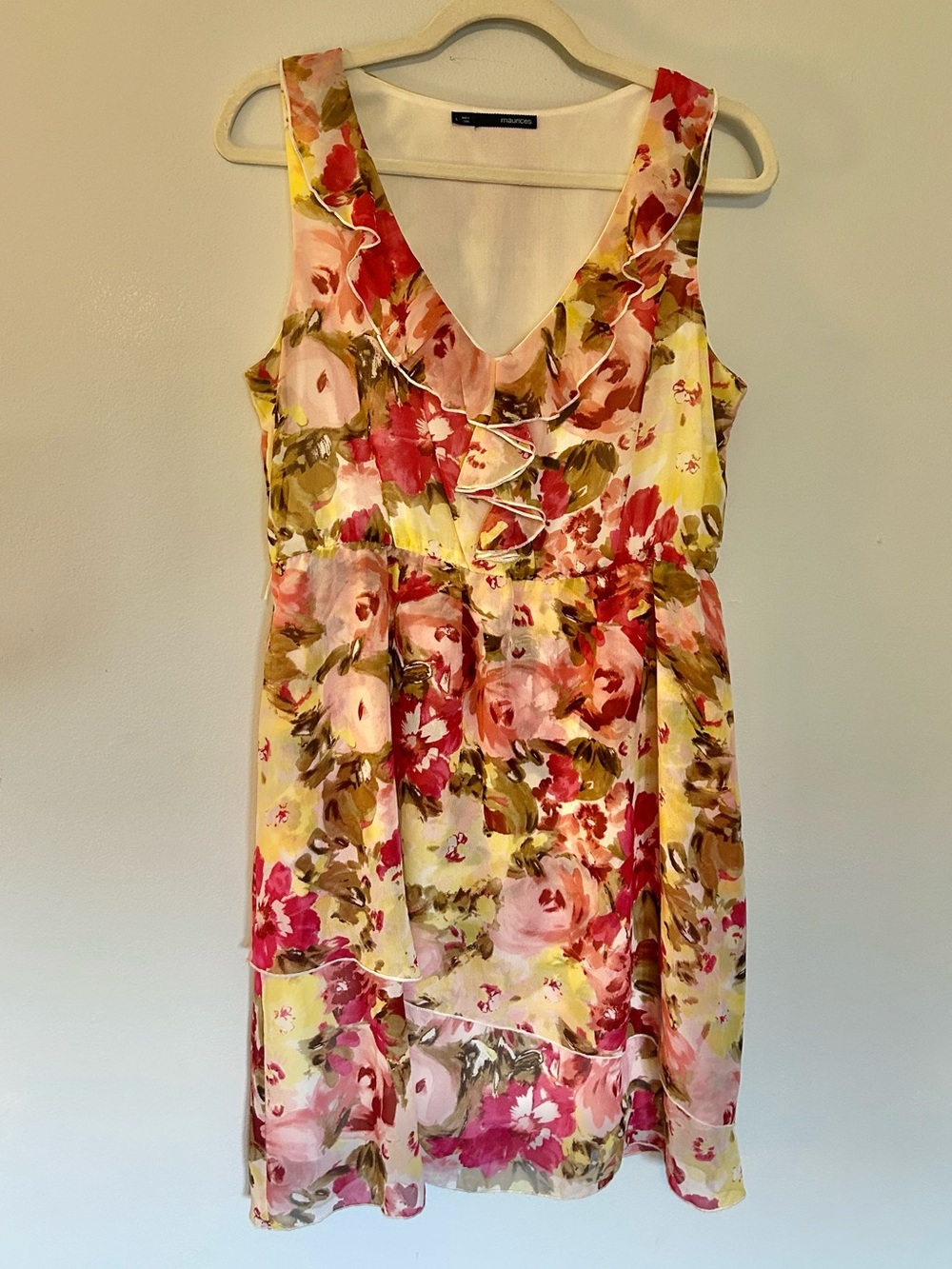 Maurices Women’s Flowy Lined Sleeveless Ruffled Pink Brown Floral Dress Sz L